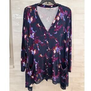 LOGO by Lori Goldstein 2X Navy Floral Button Cardigan Pockets Soft Stretch